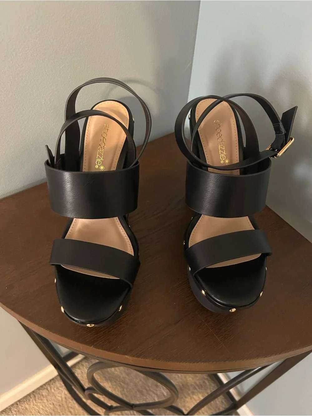 Shoe Dazzle Black Wide-Strap Platform Sandals with Ankle Wrap